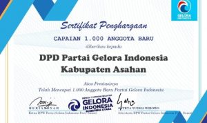 Tembus Angka 1000, DPD Partai Gelora Indonesia Kabupaten Asahan Terima Penghargaan