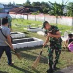 Sambut HUT RI Ke-78, Kodim 1310/Bitung Karya Bakti Bersihkan Taman Makam Pahlawan