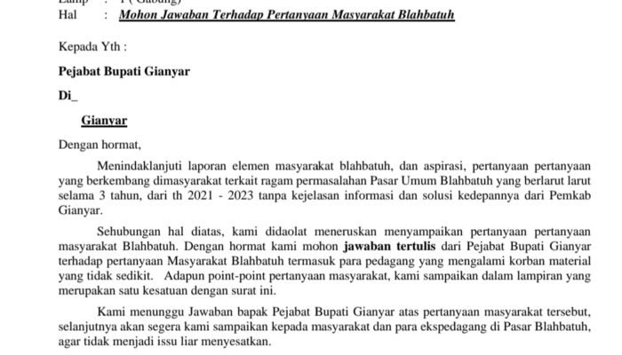 Surati Pj Bupati, LSM Garda Tipikor Gianyar Pertanyakan Kelanjutan Pasar Blahbatuh Pasca Kebakaran