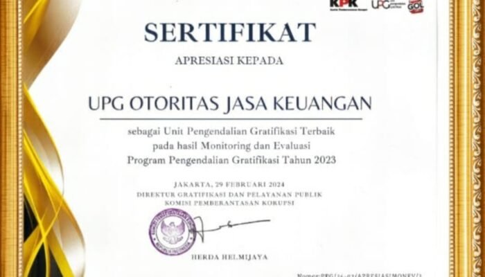 Otoritas Jasa Keuangan Raih Penghargaan Pengendalian Gratifikasi Terbaik Nasional 
