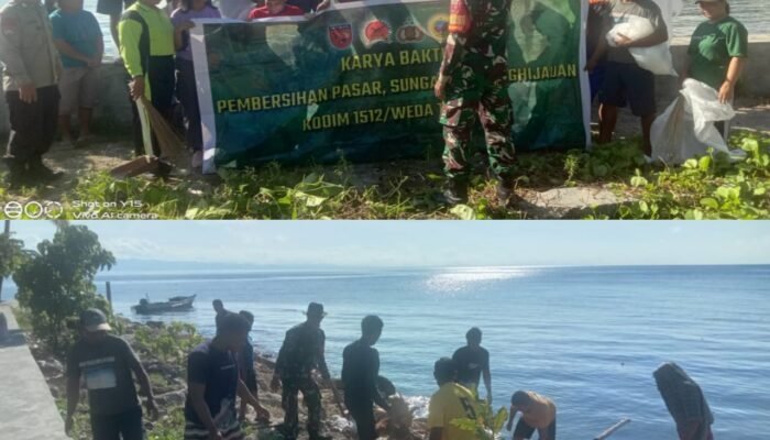 Jumat Bersih, Babinsa Koramil 1512-01/Weda Bersama masyarakat Lakukan pembersihan sampah di Pesisir Pantai 