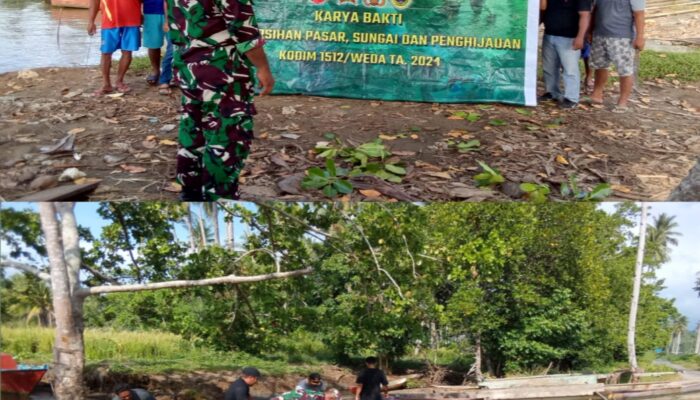 Jum’at Bersih, Anggota Koramil 1512-01/Weda Bersama Warga Binaan Bersihkan Sungai Desa Soowomo