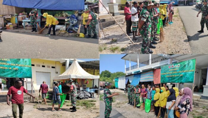 Anggota Koramil 1512-03/Gebe bersama Persit dan Warga Laksanakan Jumat Bersih di Pasar Pulau Gebe 