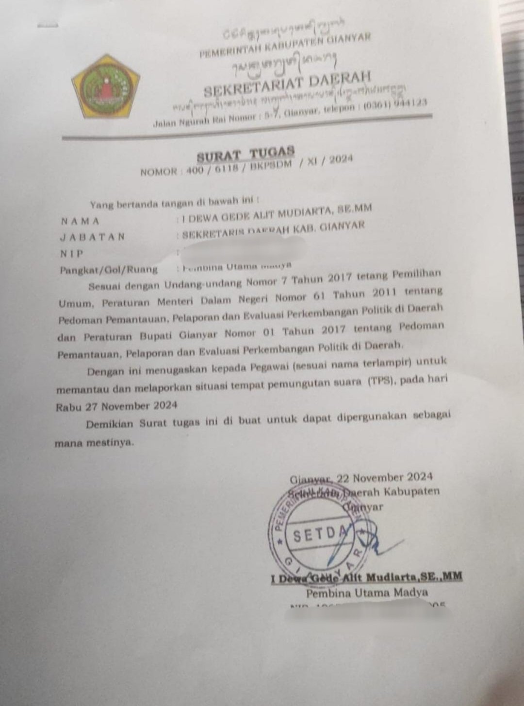 Viral Surat Tugas ASN Pantau TPS, Ini Pernyataan Bawaslu Gianyar 3 Screenshot 20241126 191054 WhatsApp